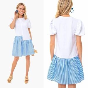 Pomander Place Roxy Short Puff Sleeve Dress Blue & White XS